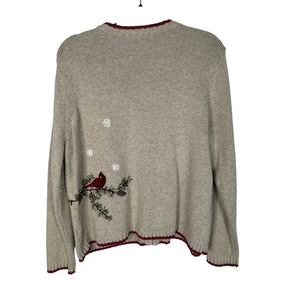 Vintage 90s EMBROIDERED Birds Snowflake Cardigan Sweater Large Petite Cotton Tan - Picture 2 of 6